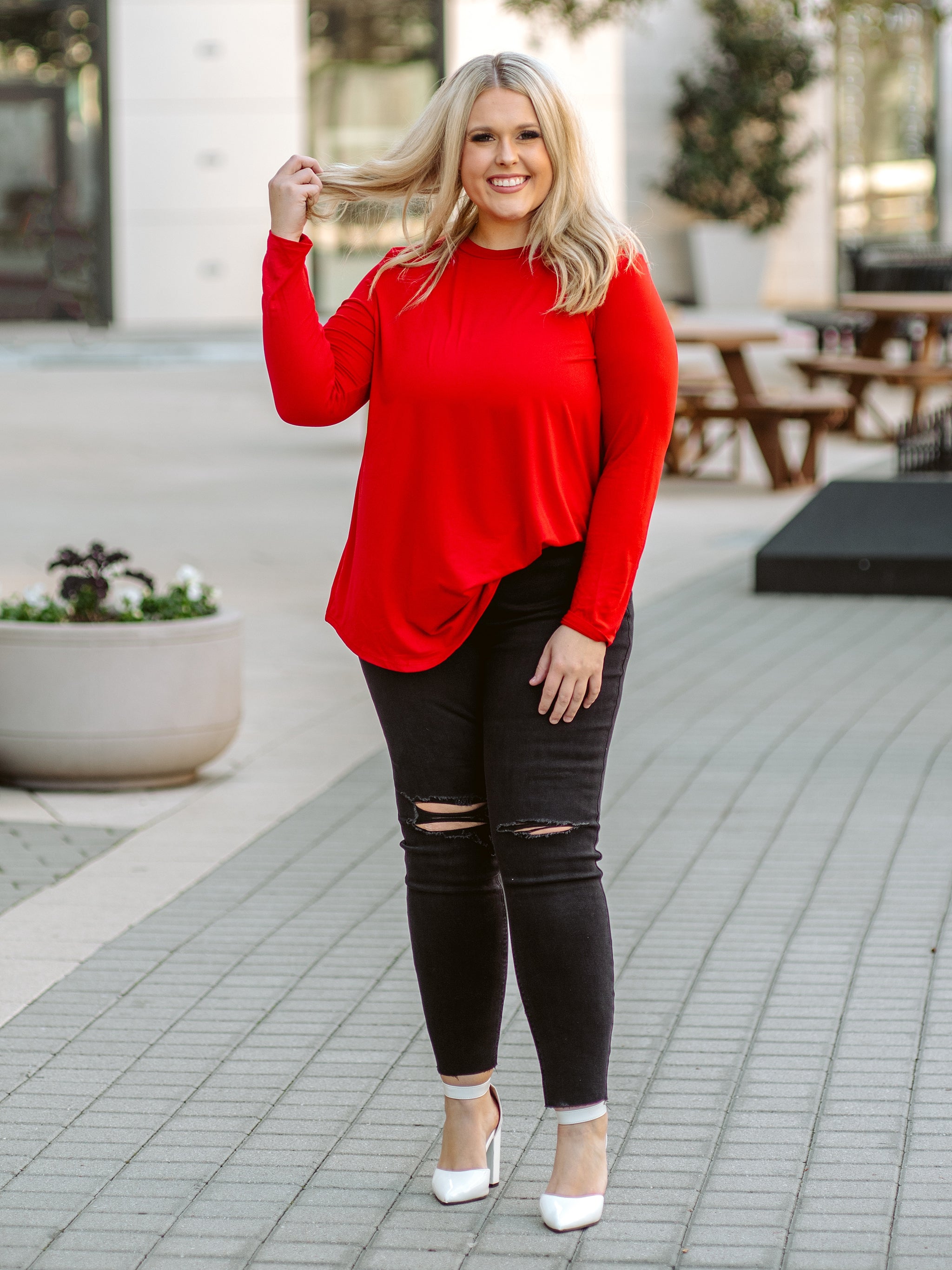 Haute Harmony Solid Red Long Sleeve Top