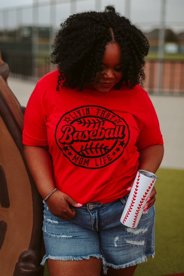 Glitzy Girlz Boutique Baseball Mom Life Red Graphic Tee