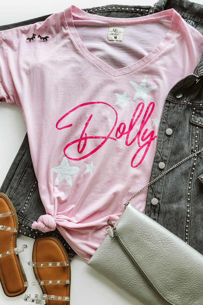 Glitzy Girlz Boutique Dolly Baby Pink V-Neck Graphic Tee