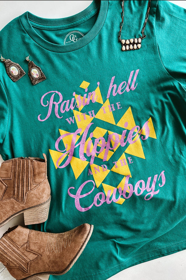 Glitzy Girlz Boutique Hippies And Cowboys Teal Graphic Tee