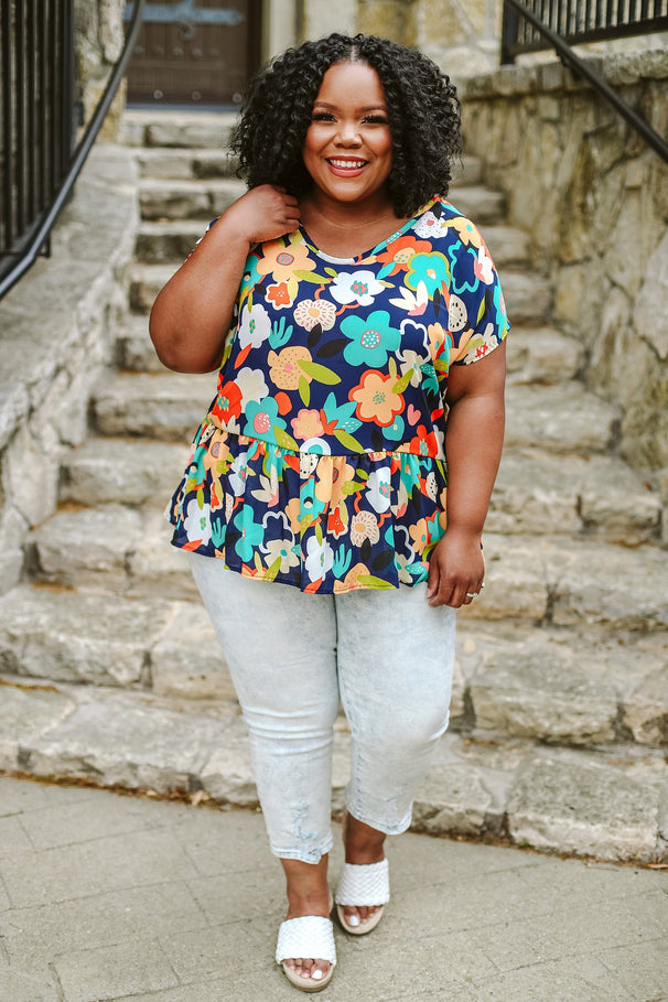 Glitzy Girlz Boutique I Wish I Knew Navy Teal Floral Print Top