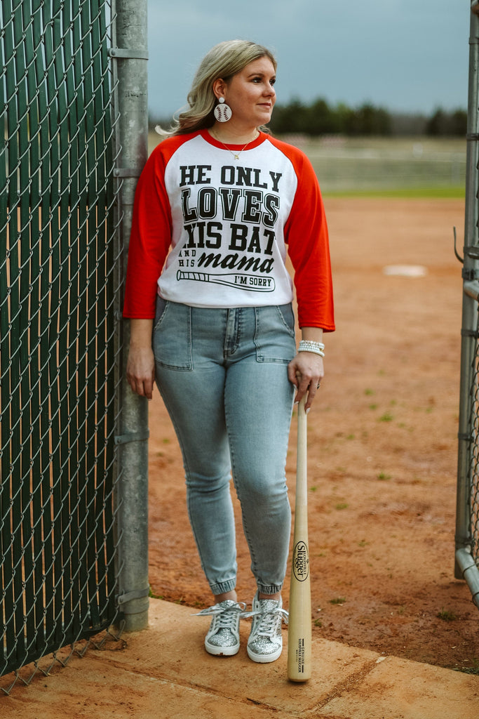 Glitzy Girlz Boutique Only Loves His Bat And Mama White Baseball Raglan Graphic