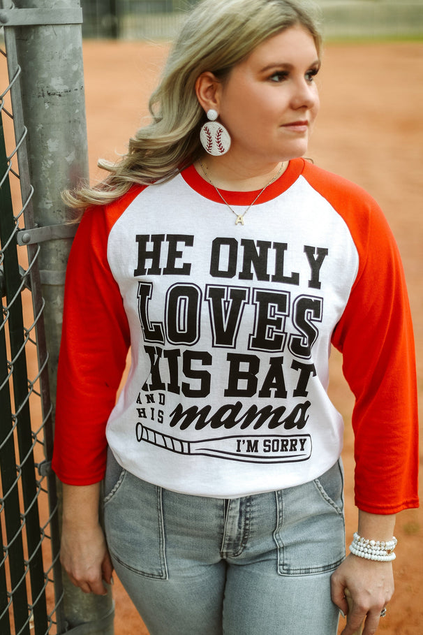 Glitzy Girlz Boutique Only Loves His Bat And Mama White Baseball Raglan Graphic