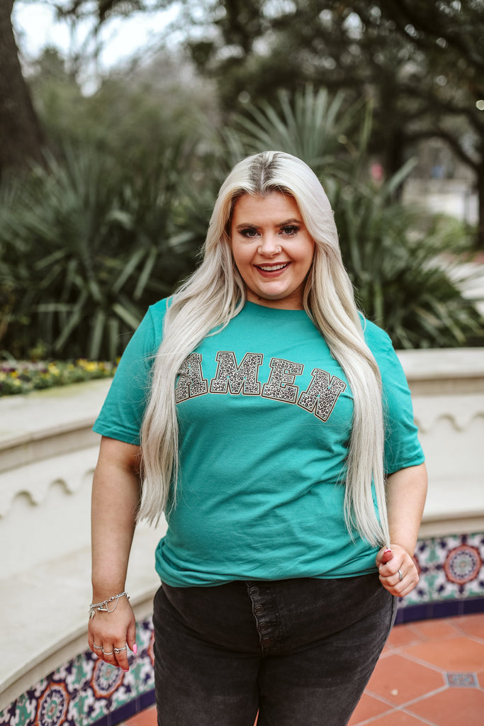 PHP Amen Teal Leopard Graphic Tee
